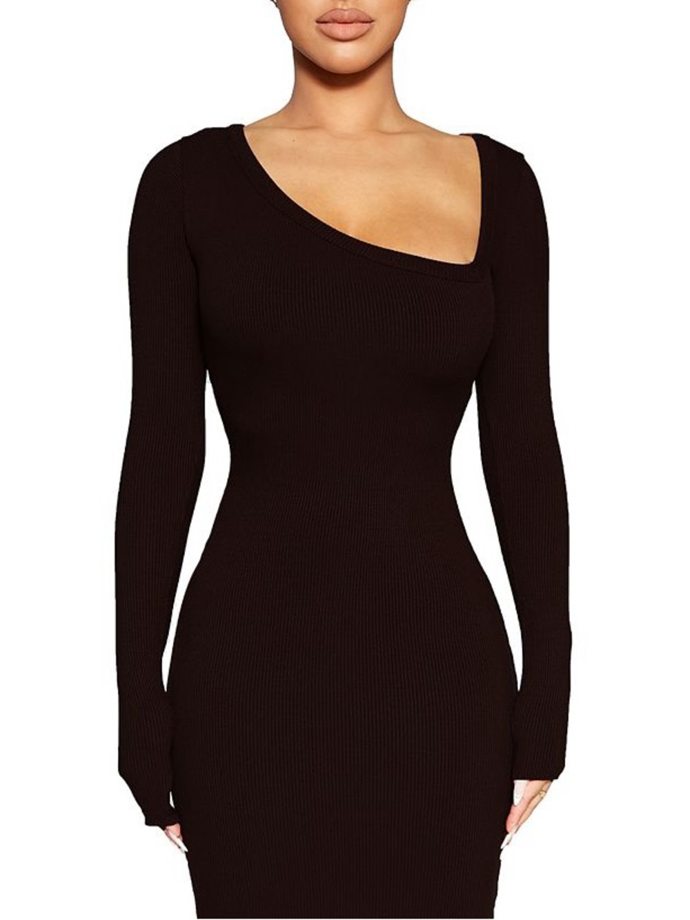 Naked Wardrobe Asymmetrical Neck Long Sleeve Minimalist Bodycon Maxi Dress, XS